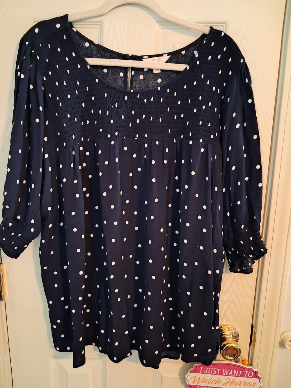 Terra & Sky Navy Blue Polka Dot Smocked Blouse